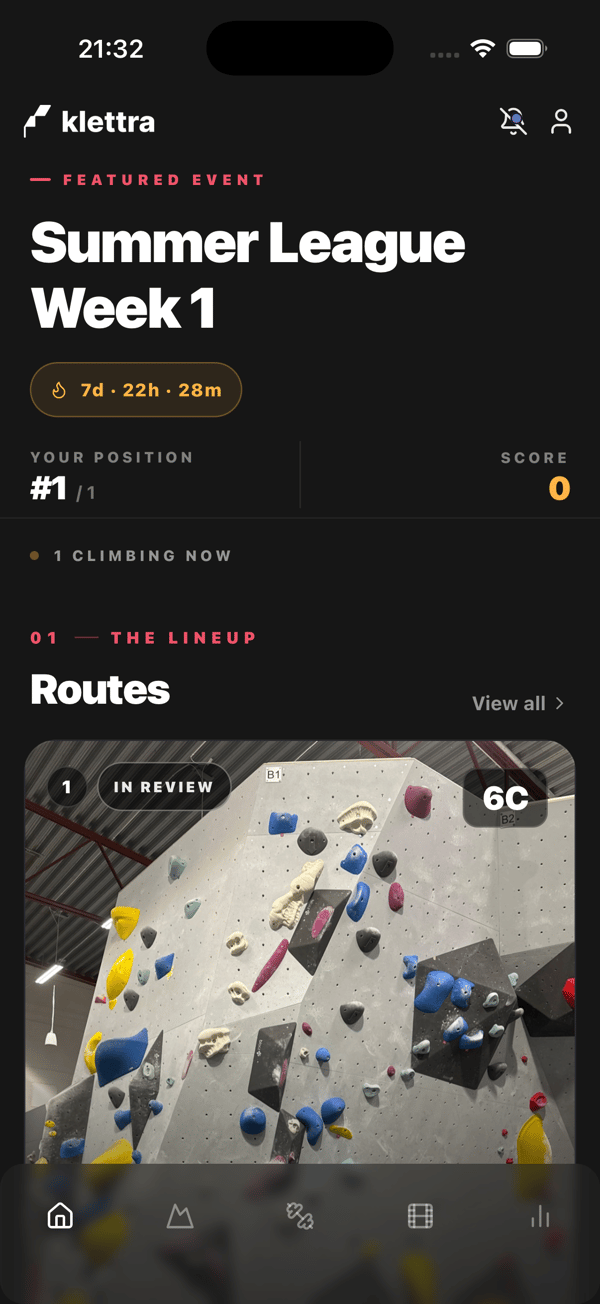 A climber's challenge screen with their position, score, a countdown, and the routes in play