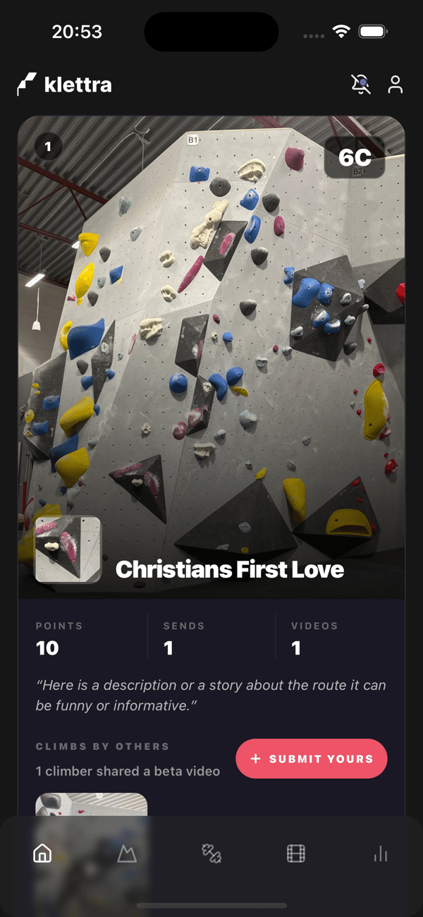 A route page inside a challenge with points, sends, videos, a written story, and a submit-your-video button