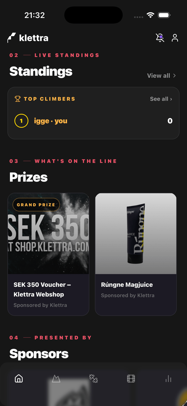 Live standings with a grand prize, sponsor prizes, and a row of sponsors