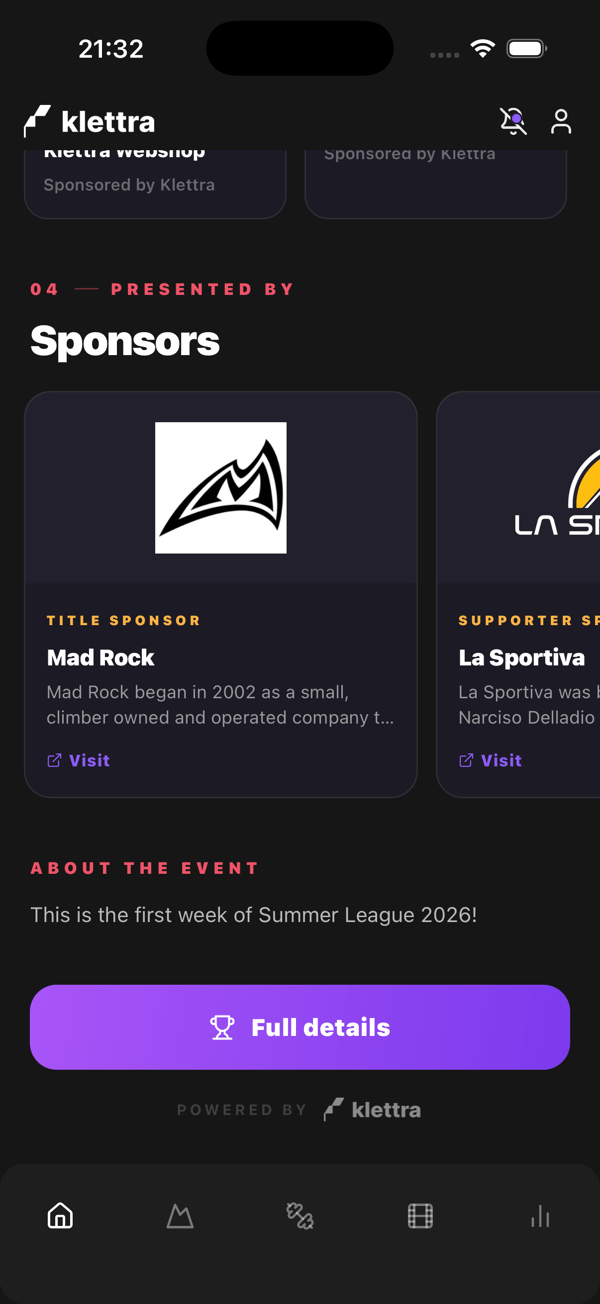 Sponsor tiers with a title sponsor and supporter sponsors, next to an about-the-event note