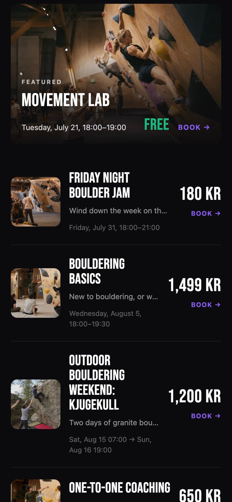 The booking page at phone width, reflowed to a featured session above a stacked list.