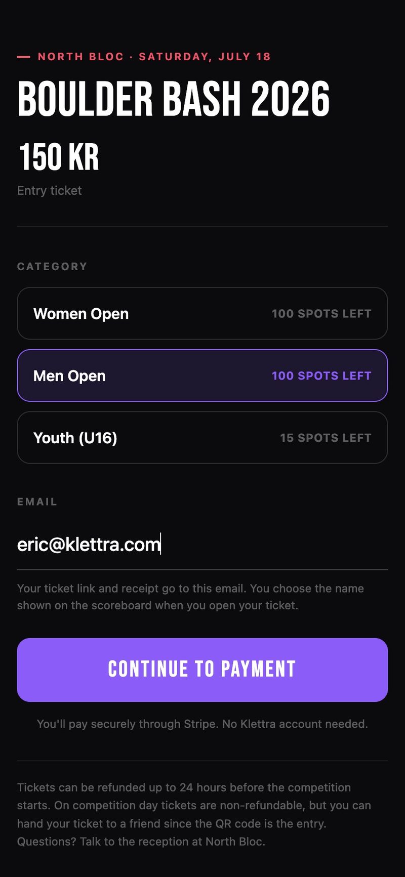 The public ticket page on a phone, with category rows showing spots left, an email field, and a note that payment is handled by Stripe.