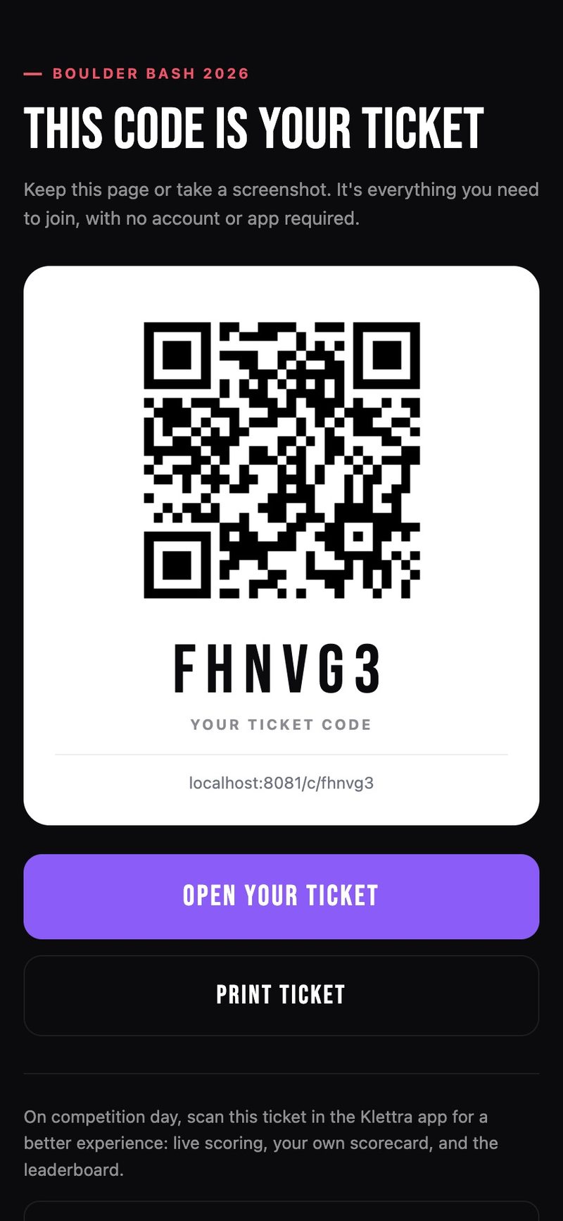The digital ticket after an online purchase: a large QR code, the six-character code, and buttons to open or print the ticket.