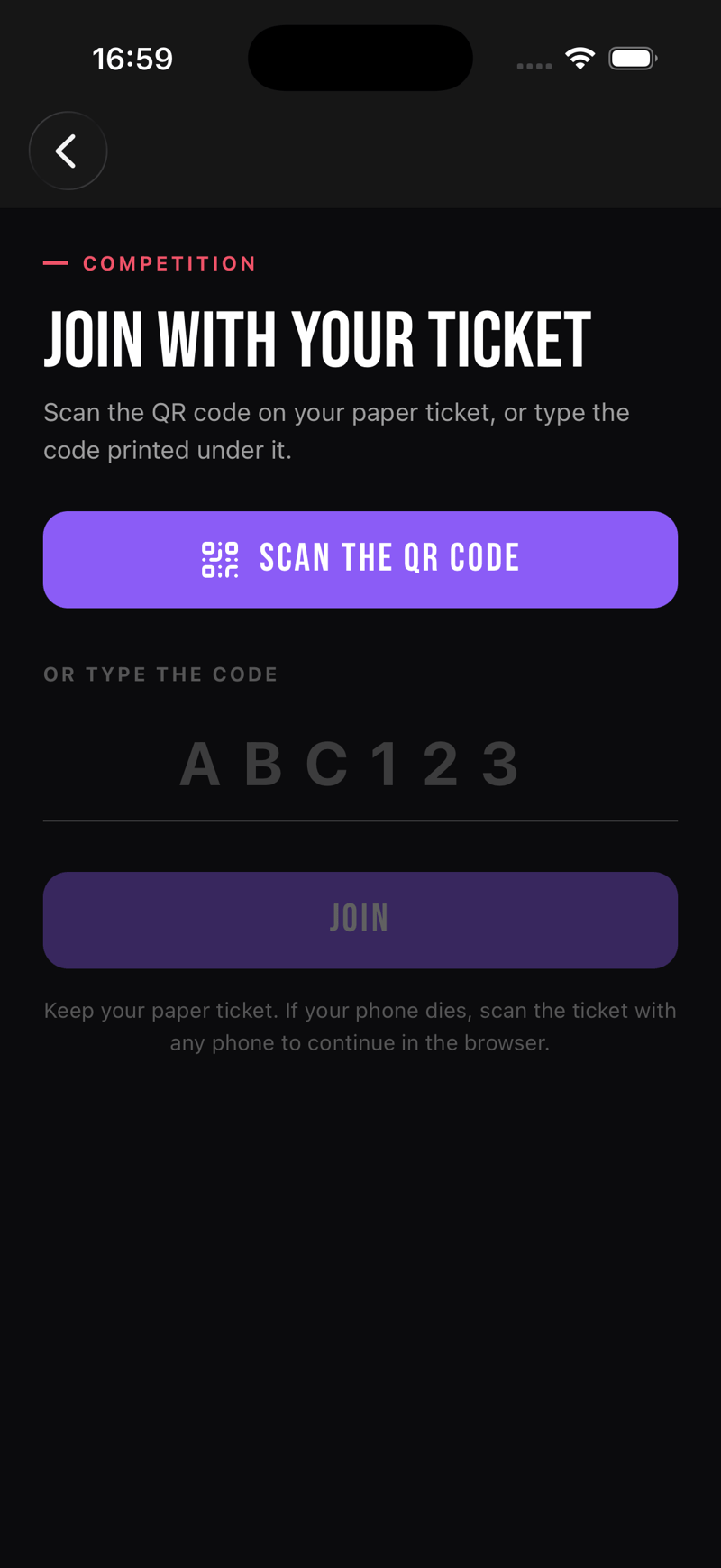The app join screen with a scan button and a typed-code fallback.