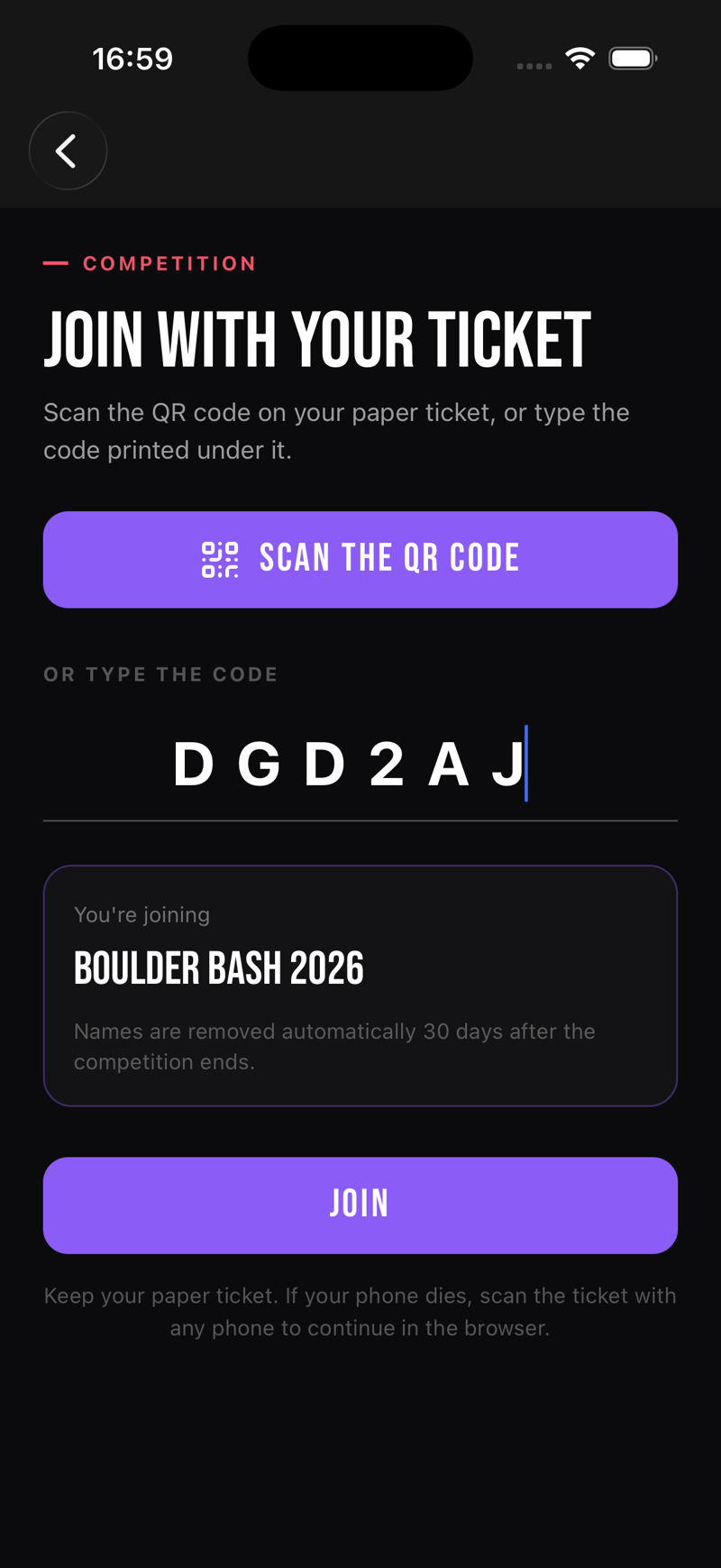 The join screen with a code entered, showing a preview card of the competition about to be joined.