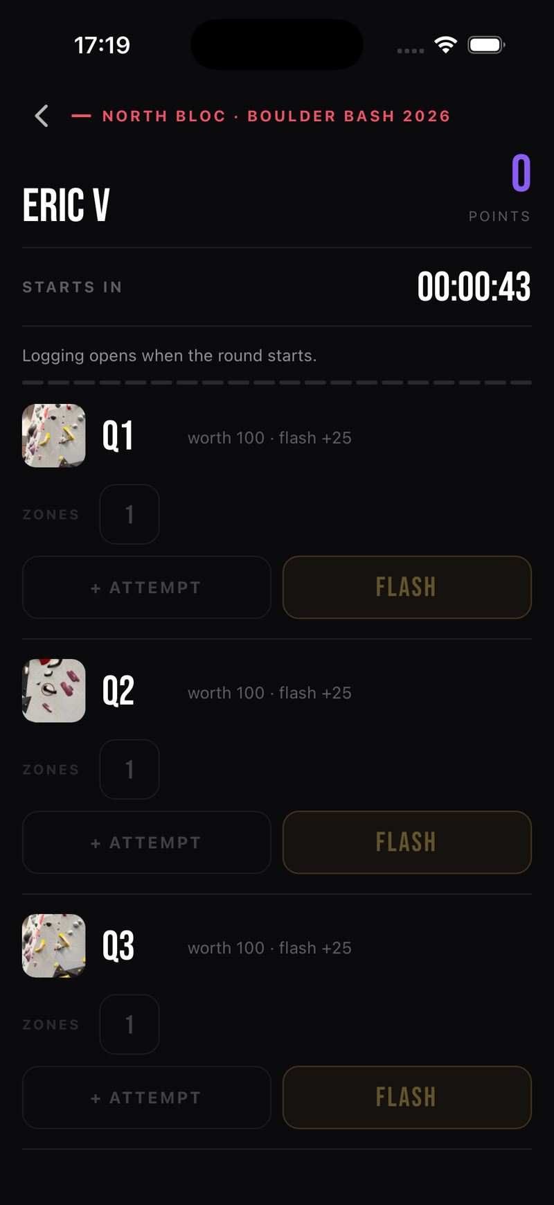 A scorecard before the round starts, showing a countdown and dimmed boulder rows.