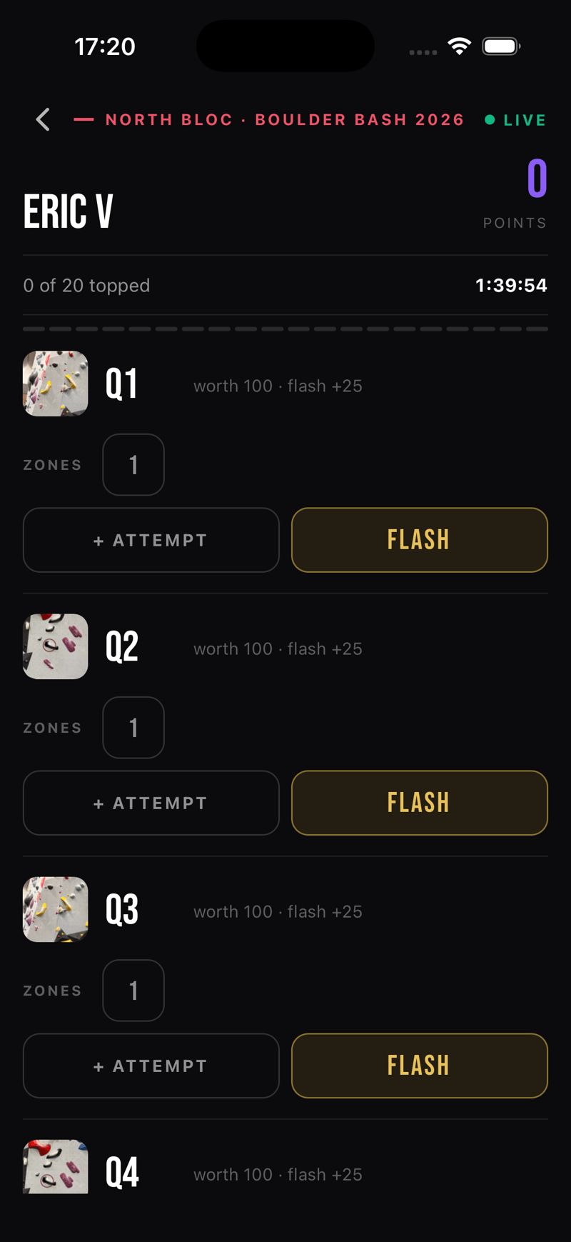 The same scorecard seconds after the start, now live with active logging buttons and a round countdown.