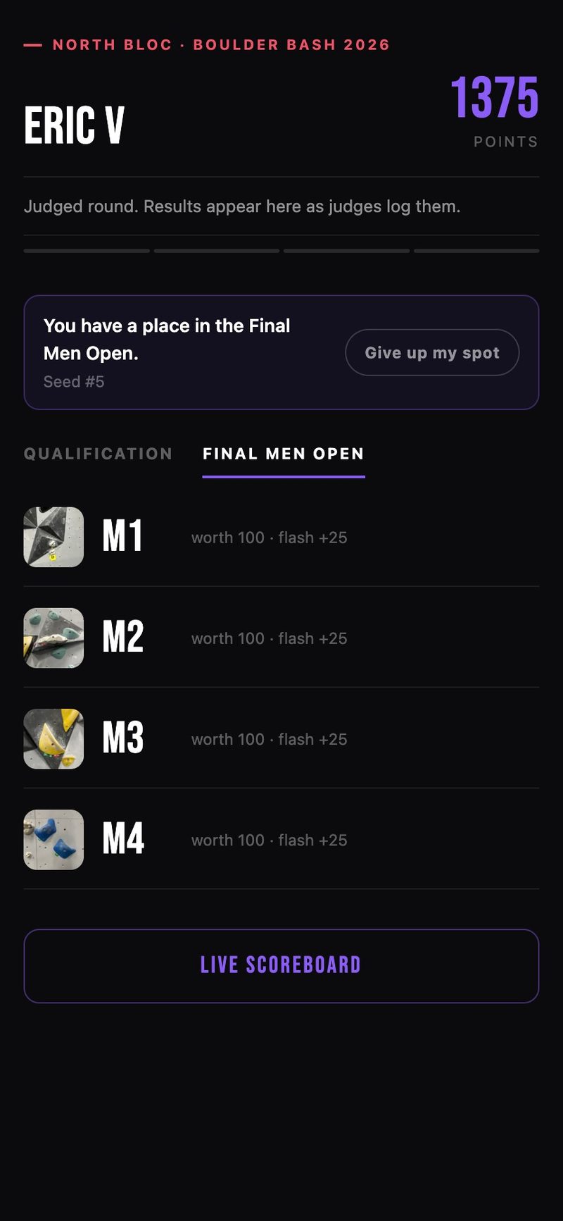 The web scorecard showing a place in the final with a seed number, round tabs, and the judged-round explainer.
