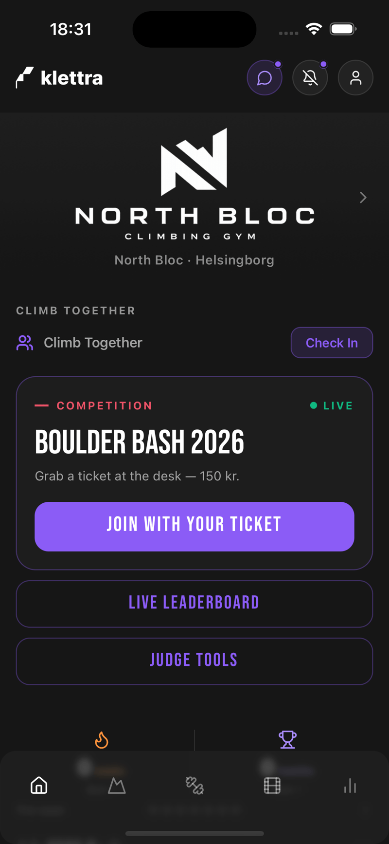 A judge’s home screen with buttons for the live leaderboard and judge tools.