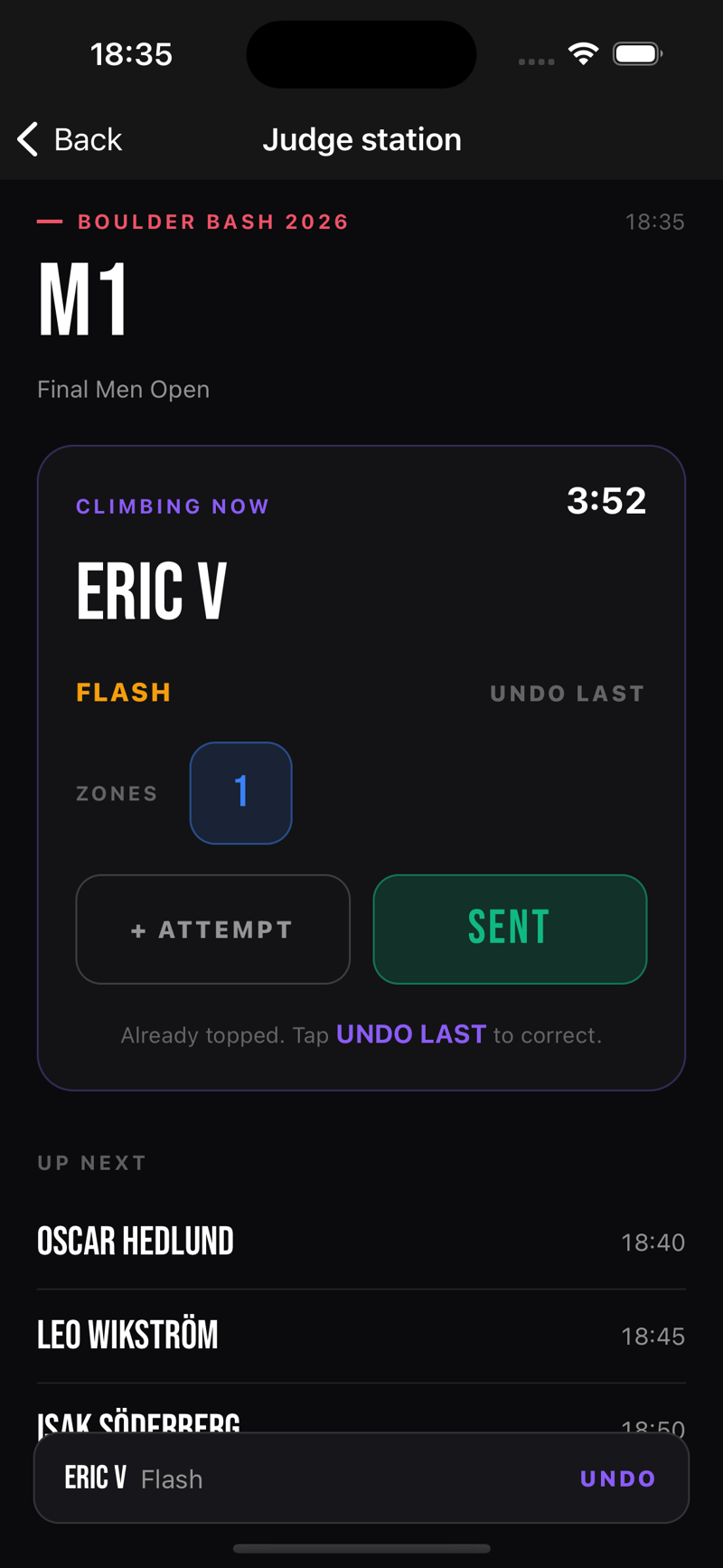 The station after logging a flash, with the send button locked out and an undo snackbar shown.